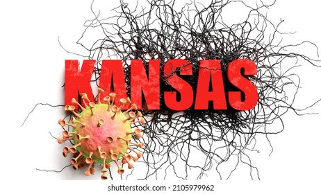 Degradation And Kansas During Covid Pandemic, Pictured As Declining Phrase Kansas And A Corona Virus To Symbolize Current Problems Caused By Epidemic, 3d Illustration