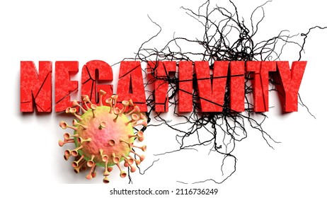 Degradation and negativity during covid pandemic, pictured as declining phrase negativity and a corona virus to symbolize current problems caused by epidemic, 3d illustration