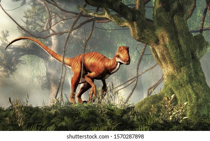 Deinonychus is a theropod dinosaur, a cousin of velociraptor, that lived during the Cretaceous. Here depicted with no feathers in a dense jungle. 3D Rendering
