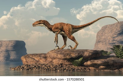 Deinonychus is a theropod dinosaur, a cousin of velociraptor, that lived during the Cretaceous. Here depicted with no feathers bay an arid lake. 3D Rendering
