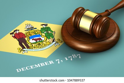 Delaware US State Law, Legal System And Justice Concept With A 3d Rendering Of A Gavel On The Delawarean Flag On Background.