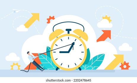 Delay Concept. Stop Time To Deal With Urgent Projects Or Handle Errors. Deadline. Time On Clock Stop. A Man Holds The Minute Hand With A String To Push Turn Back Time. Business Illustration