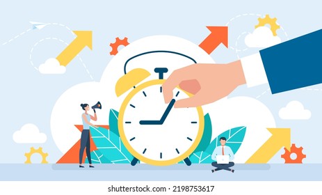 Delay Concept. Stop Time. Stopping The Time. Trying To Stop A Clock. Deadline Concept. Clock Delay By Hand. Businessman Holding The Minute Hand To Push Turn Back Time. Business Illustration