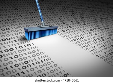 Deleting data technology concept as a broom wiping clean binary code as an internet security symbol or to delete an email and clean a hard drive server with 3D illustration elements.