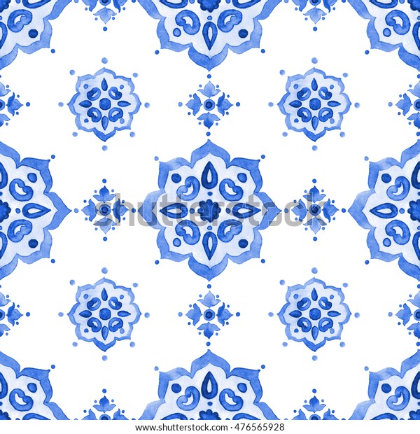 Delft blue style seamless pattern. Watercolor\
vintage filigree cobalt blue ornament for textile, fabric,\
wallpaper, tableware. Dutch motives boho surface design. Holland\
tile motives blue\
background.