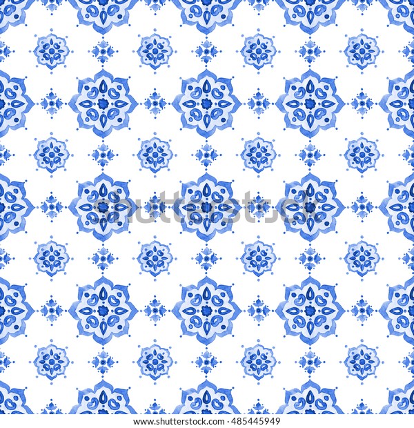 Delft blue style seamless pattern. Watercolor\
vintage filigree cobalt blue ornament for textile, fabric,\
wallpaper, tableware. Dutch motives boho surface design. Holland\
tile motives blue\
background.