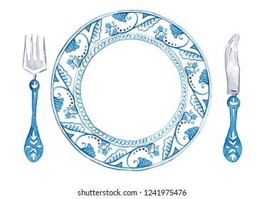 Delft Plate And Cutlery