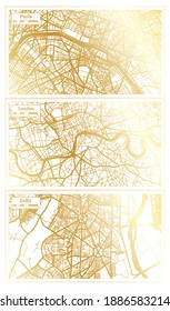 Delhi India, London UK And Paris France City Map Set In Retro Style In Golden Color. Outline Map.