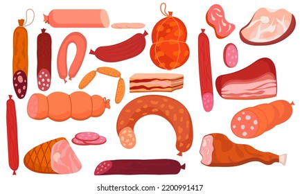 Deli Meat Ham And Salami Food Icon. Isolated Cartoon Set Barbecue Steak Cooking And Beef Illustration. Gastronomy Delicatessen And Bacon Veal Product Collection. Farm Grocery Delicious Animal