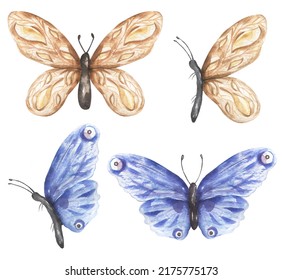 Delicate Beige And Blue Butterfly Clipart Set, Watercolor Insects Illustration, Butterflies Clip Art, Wedding Invitation, Logo Design, Baby Shower Card