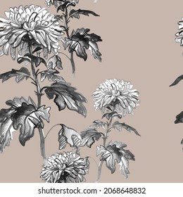Delicate black and white Chrysanthemum flowers isolated on beige background. Hand drawn monochrome seamless pattern for created floral design, wallpaper, textile, fabric, poster.