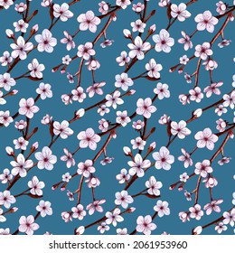 Delicate blooming japanese sakura handpainted in watercolor, seamless pattern cherry, apple or peach tree branches on blue background