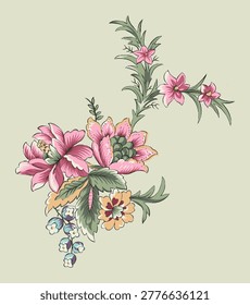 A delicate botanical floral composition featuring a central stylized blossom surrounded by an arrangement of smaller flowers, leaves, and buds.