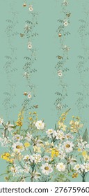 Delicate botanical pattern featuring vertical trailing vines adorned with small white blossoms and soft green leaves, gracefully arranged over a muted sage-green background. Scattered butterflies add a light, airy movement to the composition, while the bottom border is richly filled with a lush bouquet of wildflowers in shades of white, cream, and yellow. The design blends a romantic garden aesthetic with a refined vintage feel, creating an elegant and serene floral composition.