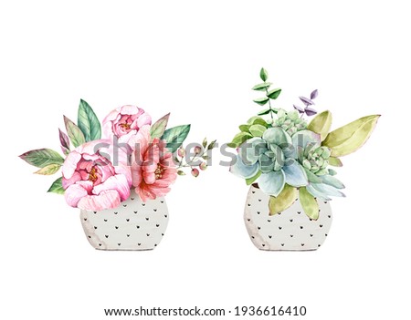 delicate bouquets in a vase with pink and green flowers, hand painted in watercolor