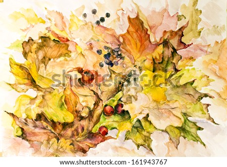 Delicate carpet of autumn leaves with a fine  of the graphic,made by me in watercolors.