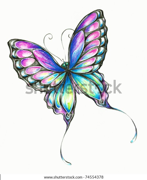 繊細なカラフルな蝶の手描き 私は色鉛筆で自分を作り出した のイラスト素材