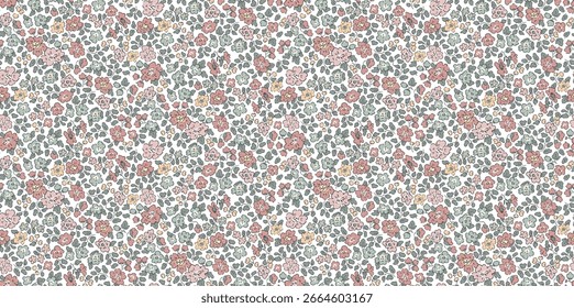 Delicate ditsy floral seamless pattern with small pink, orange, and green flowers on a white background.