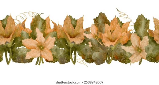 A delicate floral border featuring soft hues of cream and green, perfect for various design projects. Watercolor seamless pattern for printing on fabric and paper. - Powered by Shutterstock