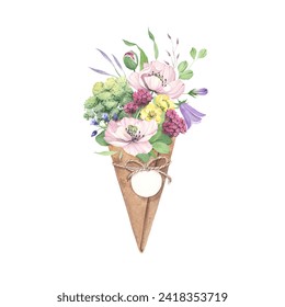 Delicate floral composition of colorful wildflowers and green plants in paper cone, watercolor isolated illustration for holiday cards, symbol love, romantic. Hand drawn design bouquet for your text. - Powered by Shutterstock