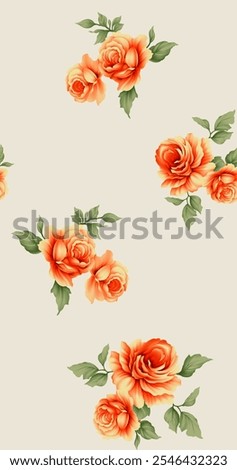 A delicate floral pattern featuring pink roses romantic floral pattern with soft pink roses and lush and green leaves on a soft grey background.