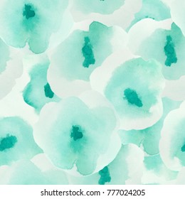 Delicate Floral Pattern. Teal Silky Watercolor Seamless Pattern. Admirable Watercolor Abstract Background 251. Hand Painted Art Print. Flowers Repeating Pattern.