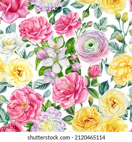 Delicate Flowers. Roses, Ranunculus, Buds And Leaves On White Background, Watercolor Floral Clipart, Seamless Pattern