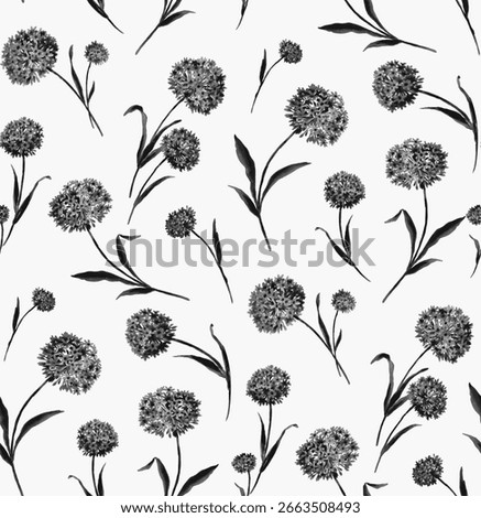 A delicate, hand-drawn floral pattern featuring clusters of small, round flowers with thin stems and leaves on a white background.