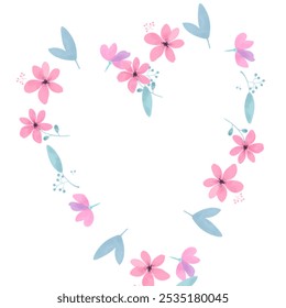 Delicate heart-shaped floral design with soft pink and blue watercolor flowers and leaves. Perfect for romantic, wedding, or nature-themed designs, adding elegance and charm to any project. - Powered by Shutterstock