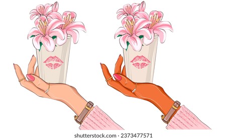 A delicate illustration in pink colors. A woman's hand holds an empty paper coffee cup with a lipstick kiss mark. Beautiful lily-like flowers grow from the cup. - Powered by Shutterstock