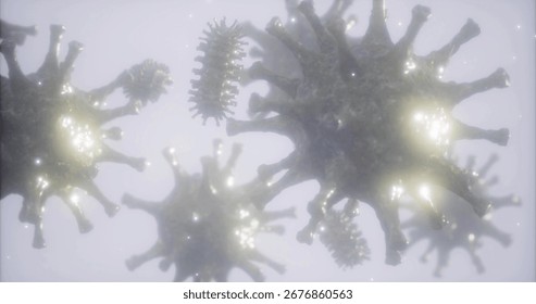 Delicate microorganisms float through a nebulous backdrop, showcasing their stunning structures. This captivating view highlights the intricate beauty of life hidden from everyday sight.