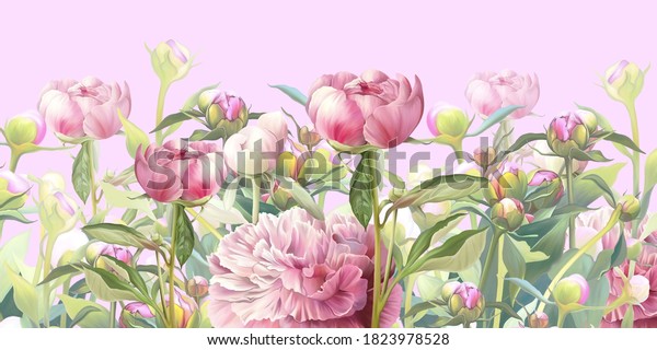Delicate pink flowers illustration. Beautiful postcard, picture, mural, wallpaper, photo wallpaper, wedding invitation design.