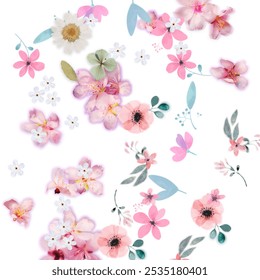 Delicate pink and pastel flowers with soft green leaves scattered on a white background. This elegant floral pattern is perfect for spring-themed designs, wedding invitations, or feminine décor. - Powered by Shutterstock