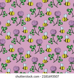 Delicate pink print, little bee collects honey and pink clover flowers, seamless square pattern in cartoon style