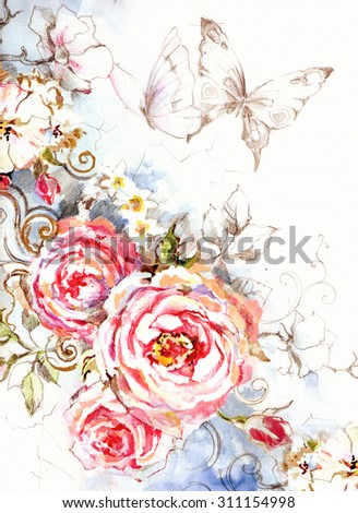 Delicate pink roses on blue background in vintage style - beautiful card with flowers and butterflies. Hand illustration.