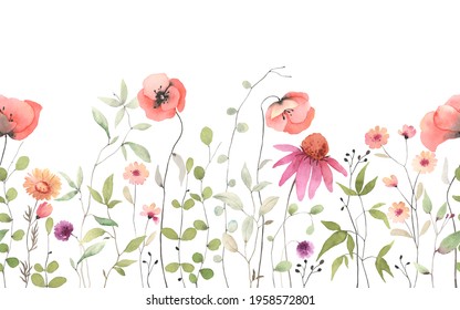 Delicate red poppies, wildflowers and green plants, floral horizontal seamless pattern. Watercolor isolated illustration on white background, summer border, flowers wallpapers, template for banner.