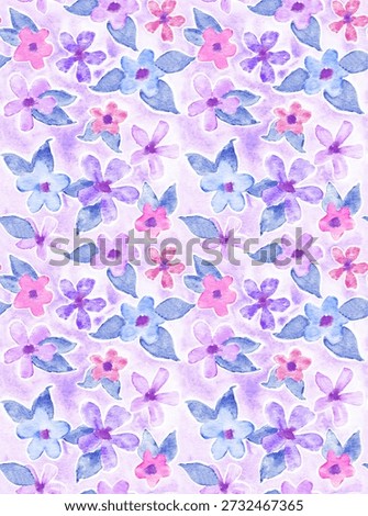 A delicate and romantic seamless watercolor pattern featuring soft hand-painted flowers in shades of purple, lilac, and pink. Each blossom is outlined with a subtle white border, set against a dreamy lavender wash background. Perfect for feminine textiles, spring-themed wallpaper, wedding stationery, and elegant digital backgrounds.