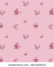 Delicate seamless ditzy floral pattern with tiny lavender and purple flowers on a soft pink background.