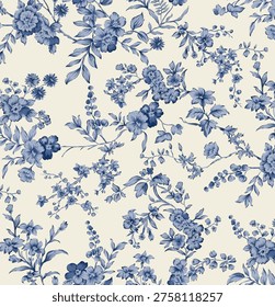 A delicate seamless floral pattern featuring elegant blue blossoms and leafy branches arranged on a soft beige background. The design is inspired by classic toile and vintage botanical illustrations, showcasing finely detailed flowers in varying shades of blue. The flowing composition creates a timeless, sophisticated aesthetic suitable for wallpapers, textiles, and decorative surfaces.