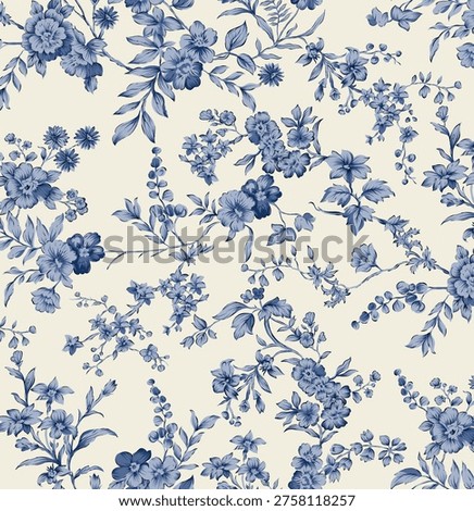 A delicate seamless floral pattern featuring elegant blue blossoms and leafy branches arranged on a soft beige background. The design is inspired by classic toile and vintage botanical illustrations, showcasing finely detailed flowers in varying shades of blue. The flowing composition creates a timeless, sophisticated aesthetic suitable for wallpapers, textiles, and decorative surfaces.