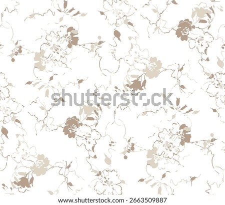 A delicate, seamless floral pattern with soft, muted tones of blush, cream, and sage green on a white background.