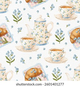 Delicate seamless pattern with cup with teapot and croissant
Ideal for printing on patchwork fabrics, craft fabrics, scrapbooking, packaging, wrapping paper, as well as fabric, textiles.