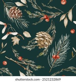 A delicate seamless pattern featuring watercolor illustrations of pinecones, sprigs of evergreen needles, and red winter berries. 
