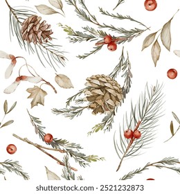 A delicate seamless pattern featuring watercolor illustrations of pinecones, sprigs of evergreen needles, and red winter berries. 