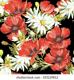Delicate seamless pattern with poppies and chamomiles.Watercolor