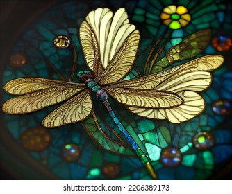 Delicate Stained Glass And Gold Dragonfly. Blurred Stained Glass Background