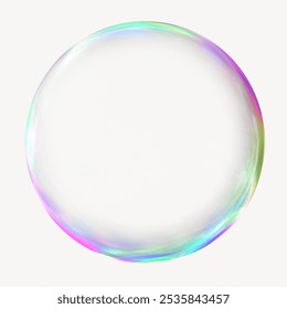 A delicate, translucent bubble with a rainbow sheen. The bubble's surface reflects light, creating a colorful, iridescent effect. Bubble, rainbow, light. Holographic soap bubble.