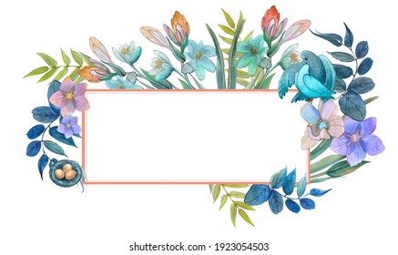 Delicate watercolor frame of blue, pink flowers, twigs, leaves, magnolia branches, a pair of doves, a nest. Wedding background, spring floral frame, greeting card, housewarming, easter frame Delicate watercolor frame of blue, pink flowers, twigs, leaves, magnolia branches, a pair of doves, a nest. Wedding background, spring floral frame, greeting card, housewarming, easter frame