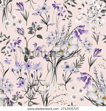 Delicate watercolor pattern featuring purple and white spring flowers on a soft pink background