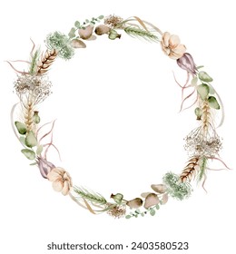 Delicate watercolor wreath of pink and purple flowers with green leaves arranged in a symmetrical circle on a white background. Image for wedding invitations and cards. Notes of elegance and romance. - Powered by Shutterstock